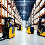 **

> Modern warehouse interior. Forklifts moving efficiently. Workers using handheld scanners. Prominent ERP, WMS, and TMS software interfaces displayed on monitors. Focus on automation and data-driven logistics. Clean, organized, and brightly lit.

**