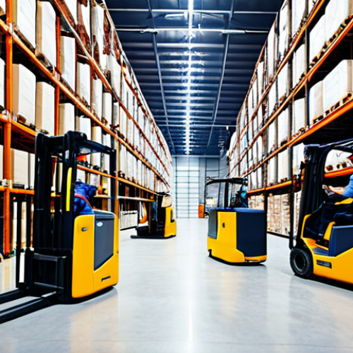 **

> Modern warehouse interior. Forklifts moving efficiently. Workers using handheld scanners. Prominent ERP, WMS, and TMS software interfaces displayed on monitors. Focus on automation and data-driven logistics. Clean, organized, and brightly lit.

**