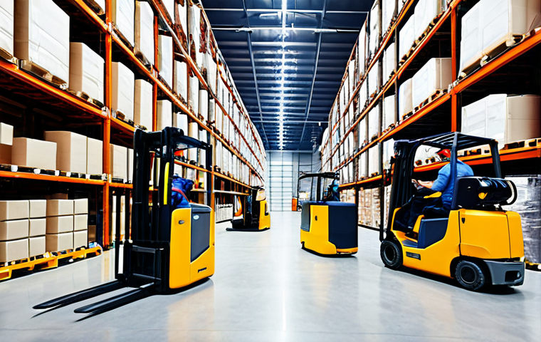 **

> Modern warehouse interior. Forklifts moving efficiently. Workers using handheld scanners. Prominent ERP, WMS, and TMS software interfaces displayed on monitors. Focus on automation and data-driven logistics. Clean, organized, and brightly lit.

**
